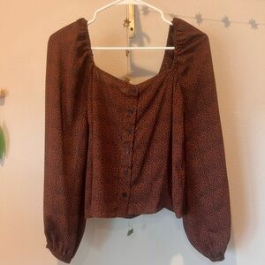 Urban Outfitters Lush Dark Brown Peasant Sleeve Patterned Blouse